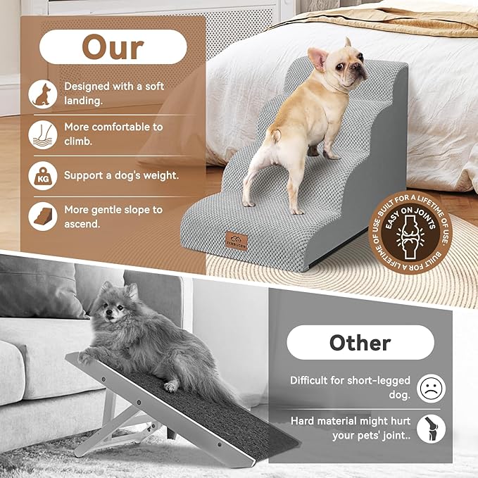 Dog Ramp and Stair for Bed 16" H-20 H,3-Step Cat Stair for Sofa and Chair,4-Step Dog Ramp for High Bed and Window,Durable Nonslip Fabric Cover for Indoor (Light Grey-20 H, Pet Friendly, 4)-PawvioPets