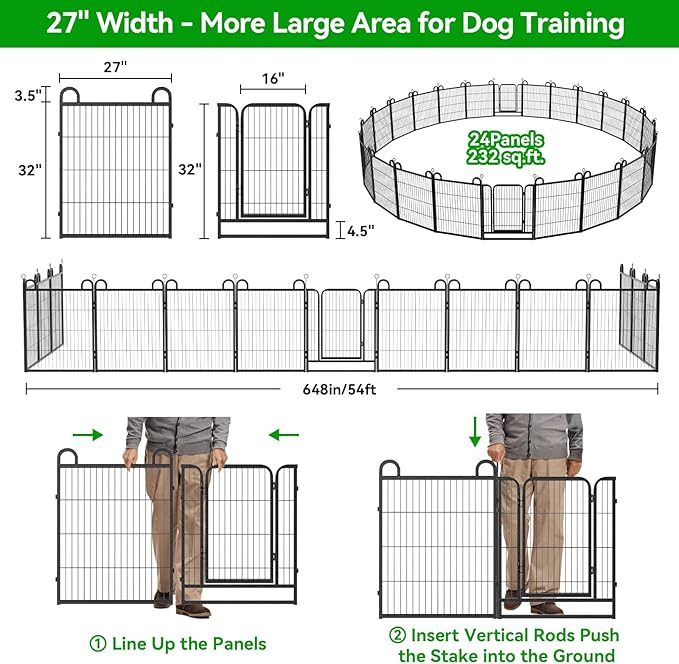 Dog Playpen Outdoor 24 Panels Heavy Duty Dog Fence 32" Height Anti-Rust with Doors Portable for RV Camping Yard, Total 54FT, 227 Sq.ft, Snowy Black-PawvioPets