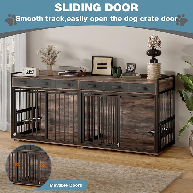 86.6Inch Large Double Dog Crate Furniture,Heavy Duty Metal Frame Dog Crate Kennel with Adjustable Feeder Bowls and Removable Divider&Drawers,Chew-Resistant Dog Kennel for 2 Dogs Indoor-PawvioPets