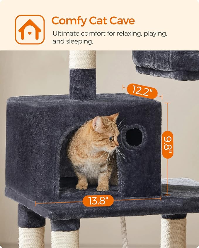 FEANDREA Cat Tree, Cat Tower for Indoor Cats, 56.3-Inch Cat Condo with Scratching Posts, Hammock, Plush Perch, Smoky Gray UPCT15GYZ-PawvioPets