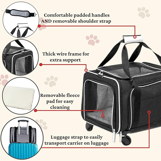 Airline Approved Expandable Premium Pet Carrier on Wheels- Two Sided Rolling Carrier- Designed for Dogs & Cats- Extra Spacious Soft Lined Carrier! (Black) (RL-PET-CARRIER-WHEELS)-PawvioPets