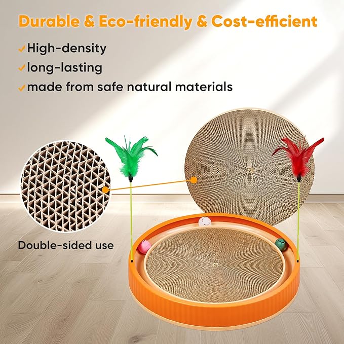 20-Inch Round Cat Scratcher with Ball Track – 3-in-1 Cardboard Cat Scratching Pad with Feather Toys, Non-Slip Base – Interactive Cat Toy for Indoor Cats, Kitten Scratch Play Lounge Board (Orange)-PawvioPets