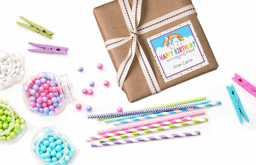 Custom & Personalized Rainbow Unicorn Happy Birthday Gift Tag Sticker Labels, 24 2.5" Square Stickers by Amanda Creation