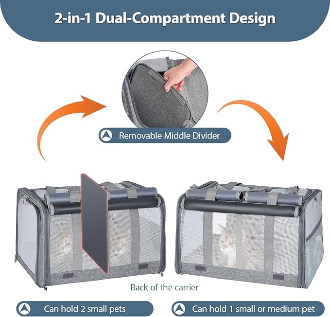 Cat Carrier for 2 Cats – Large Soft-Sided Pet Travel Carrier, Dual Compartments, Privacy Protection, Dog Carrier for Small/Medium Dogs, Home & Outdoor Use-PawvioPets