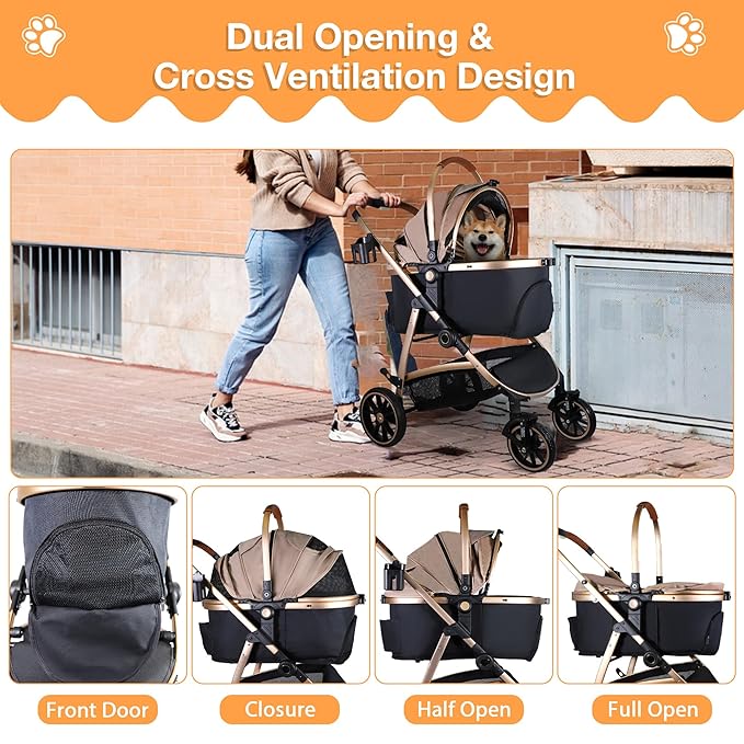 Dog Stroller for Small Medium Dogs, 3 in 1 Folding Pet Stroller Up to 33 lbs, 4 Wheels Pet Strolling Cart with Zipperless Entry, Cat Dog Travel Carrier with Cup Holder & Storage Basket-PawvioPets