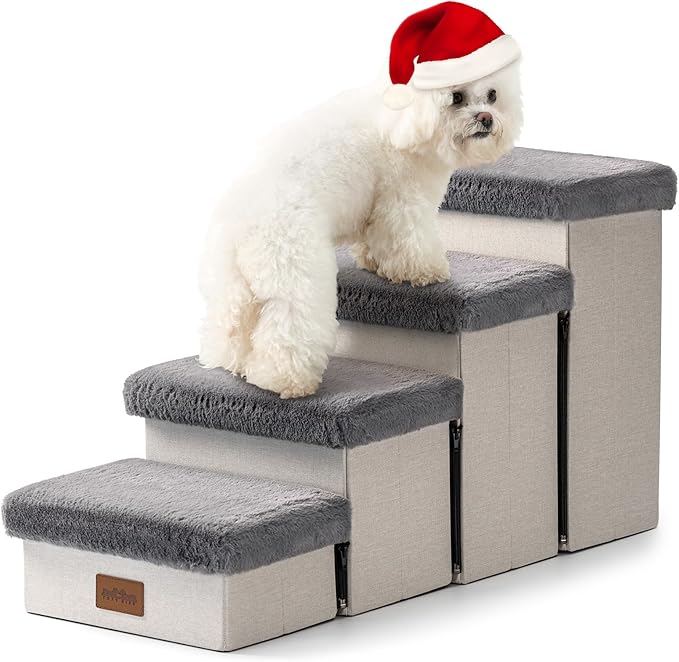 Dog Stair for Small Dogs with Storage, Foldable Pet Step with Soft Cover, Older Cat Ramp for Chair Couch Sofa, Lightweight, Durable, Comfort, 33x13x17.7 inch, 4 Tiers Grey-PawvioPets