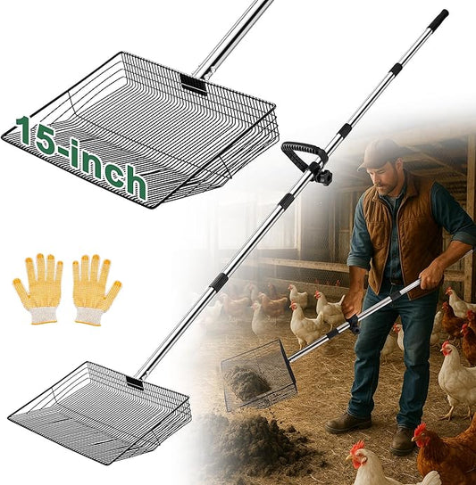 15-inch Large Chicken Poop Scooper, 5 in 1 Adjustable Chicken Coop Scoop with Ergonomic Grip, 24" to 77" Long Stainless Steel Sifting Litter Shovel Pooper Scooper Chicken Coop Accessories-PawvioPets