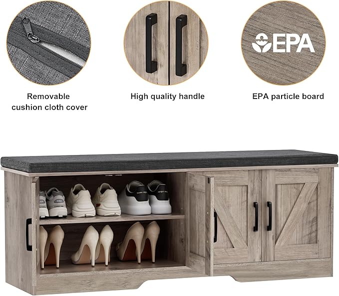2-Tier Storage Bench, Shoe Bench with Padded Seat Cushion, Entryway Bench with 4 Barn Doors, Adjustable Shelf, 13.8" D x 47.2" W x 17.7" H, for Entryway, Living Room, Bedroom, Greige-PawvioPets