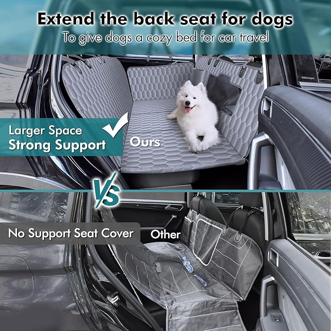 Back Seat Extender for Dogs-Supports 400lb,Waterproof Dog Car Seat Cover Hard Bottom-Detachable,600D Heavy Duty Scratch Proof Nonslip Soft,Dog Hammock for Car,SUVs-Grey-PawvioPets