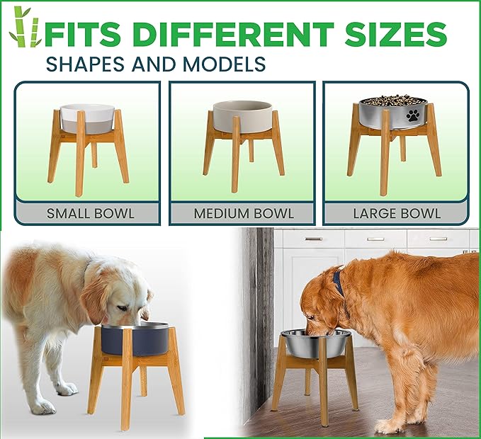 Dog Bowl Stand (12-inch High) - Ideal for Large Breeds - Adjustable Sideways, Slanted Feet - Elevates, Raises Pet Food Feeders, Water Dishes, Fountains, Dispensers - Bamboo Stand Only-PawvioPets