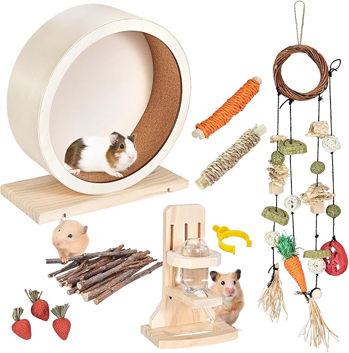 antiai 9.8 Inch Wooden Hamster Exercise Wheel Set,Silent Wheel Quiet Spinner Hamster Running Wheels,Hamster Water Feeder Accessories Chew Toys for Hamsters, Gerbils, Mice and Other Small Pets,9 pcs-PawvioPets