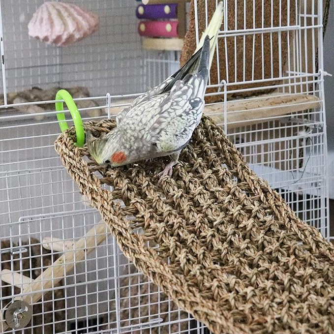 39 x 7 Inches Seagrass Mat, Natural Seagrass Woven Net, Bird Hammock Mat with Hooks, Cage Accessories, Climbing Rope Ladder Chew Toys for Cockatiel, Hamster, Guinea Pig, Rats, Parakeet-PawvioPets