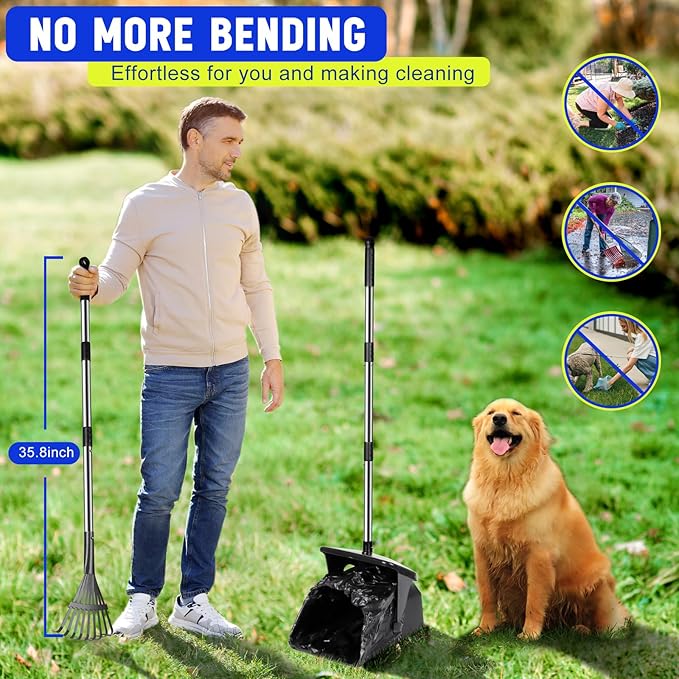 Dog Pooper Scooper with 20 Bag Attachment Long Handle Swivel Bin, Rake Heavy Duty Pooper Scooper for Large Medium Dogs Easy to Clean Poop Scooper for Yard, Grass, Gravel-PawvioPets