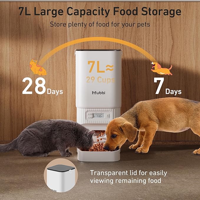 Automatic Cat Feeders, 7L/29 Cups Automatic Dog Feeder with Desiccant Bag, 1-6 Meals Ideal for 2-15mm Dry Food, Suitble for Multiple Pets, Dual Power Supply, Detachable Washable-PawvioPets