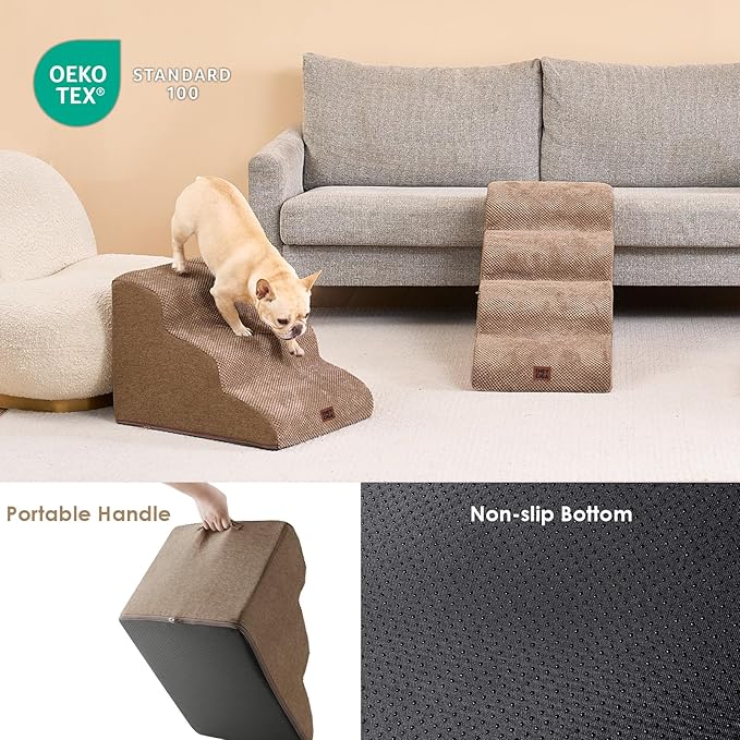 EHEYCIGA Curved Dog Stairs Ramp for Small Dogs 15.7" H, 3-Step Dog Steps for Couch Sofa and Chair, Pet Stairs for Cats, Non-Slip Balanced Pet Steps Indoor, Camel-PawvioPets