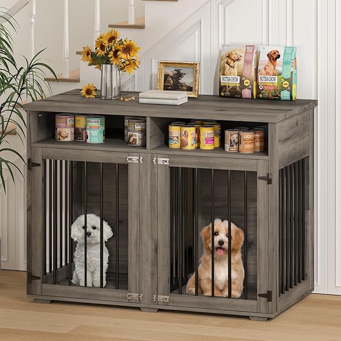 Furniture Dog Crate for 2 Dogs, 41 Inch Dog Kennel Furniture with Removable Divider and Shelf Storage, Wooden Dog Crate for Small/Medium Dogs, Grey-PawvioPets