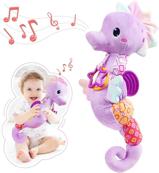 Baby Toys 0-6-12 Months,Musical Stuffed Animals Activity Soft Infant Toys with Multi-Sensory Crinkle, Rattle and Textures,Boys Newborn Baby Girl Toys, Seahorse, Purple-PawvioPets