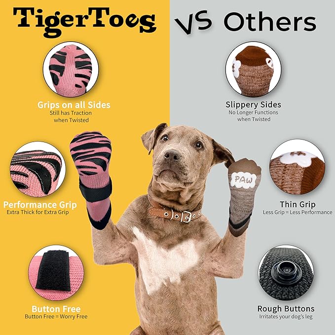 DOK TigerToes Premium Non-Slip Dog Socks for Hardwood Floors - Extra-Thick Grip That Works Even When Twisted - Prevents Licking, Slipping, and Great for Dog Paw Protection (XXL, Sassy Pink)-PawvioPets