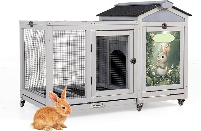 COZIWOW 39inches Assembled Wood Rabbit Hutch Indoor，Wide Space Small Animal Houses with Removable Tray&Safety Lock，Bunny Cage with Waterproof Roof&Solar Panels (Grey with Pattern)-PawvioPets
