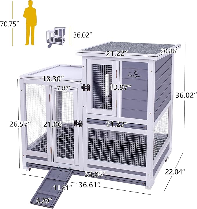 GEGURI Rabbit Hutch, Two-Story Indoor Bunny Cage, Outdoor Guinea Pig Cages for Small Animals with Wheels, Removable Tray-PawvioPets