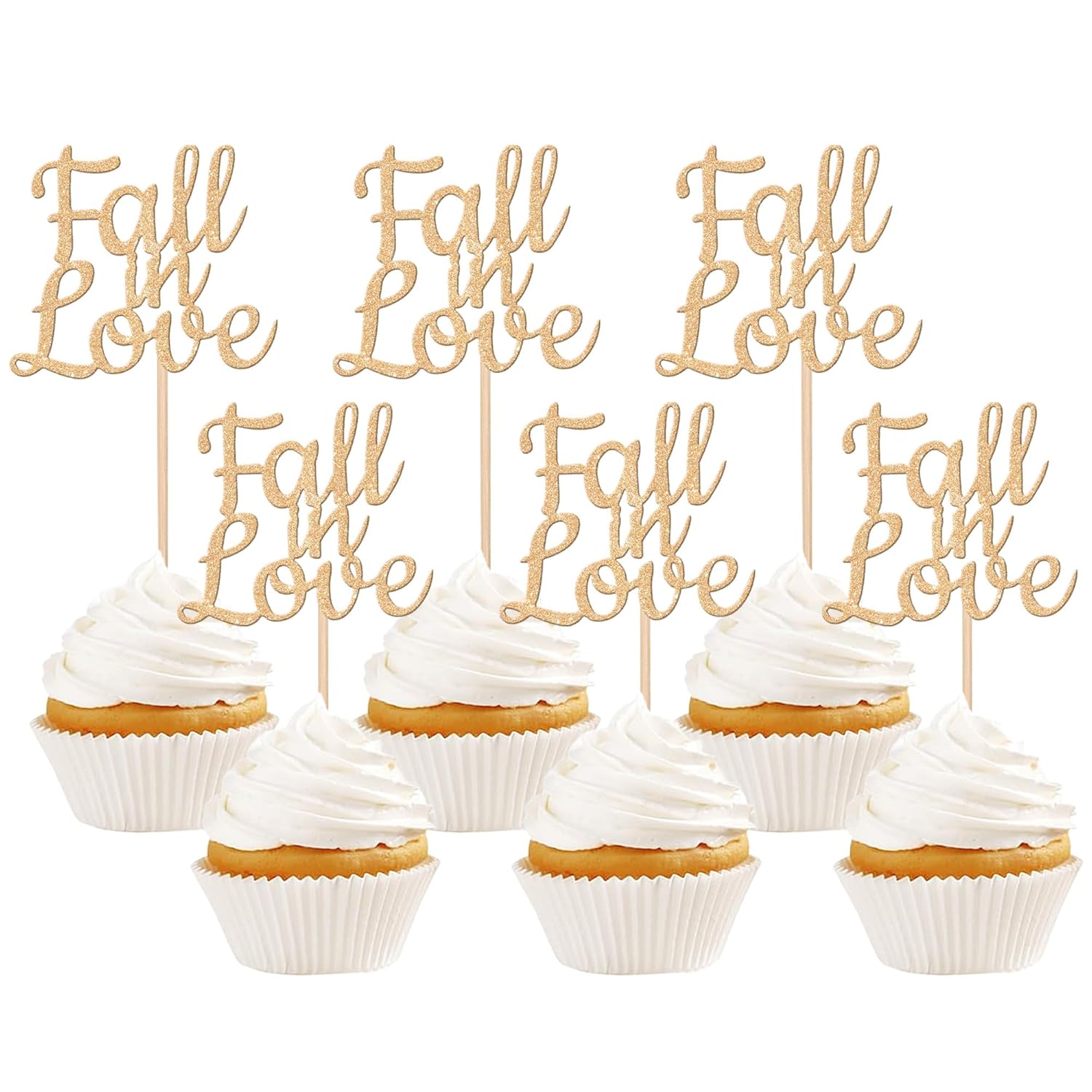 24 PCS Fall in Love Cupcake Toppers Glitter Fall Theme Bridal Shower Cupcake Picks for Autumn Wedding Engagement Anniversary Birthday Bridal Shower Party Cake Decorations Supplies Champagne Gold