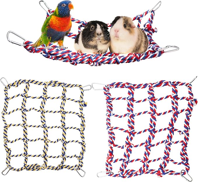 2 Pack Large Colorful Bird Rope Net, 14 × 10 Inches Rat Climbing Rope Net, Pet Hanging Hammock, Bird Ladder Rope Bridge, Small Animal Rope Net Toy, Cage Accessories for Rat Hamster Bird Ferret-PawvioPets