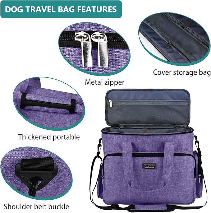 BAGLHER Dog Travel Bag, Airline Approved Pet Tote Organizer with Multi-Function Pockets, 2 X Food Storage Containers and 2 X Collapsible Dog Bowls, Perfect Weekend Pet Travel Set for Dog, Cat Purple-PawvioPets