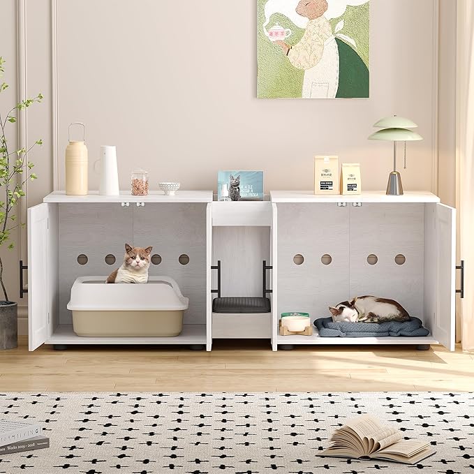 Gaomon Litter Box Enclosure with Double Cage, Cat House,Hidden Litter Box Enclosure Furniture for 2 Cats, Wooden Enclosed Cat Litter Box Furniture,55”L x 17.7”W x 22.5”H,White-PawvioPets