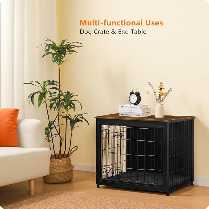 DWANTON Dog Crate Furniture with Cushion, Wooden Kennel Table with Double Doors, Indoor Dog House, Medium Size, 32.5" L, Black+Warm Brown-PawvioPets