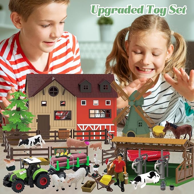 136PCS Farm Animals Toys Set Comes with Barn, Tractor Trailer, Milking shed, Windmill, Farmer, Fence - Playset for Kids Toddlers Boys Girls 5+ Years Old-PawvioPets