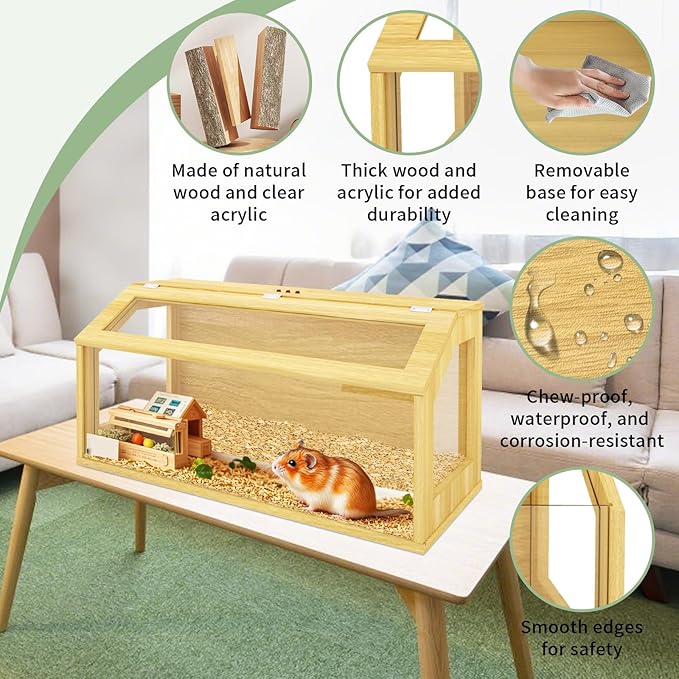 40" Large Hamster Cage, Chewproof Gerbil Cages and Habitats, Openable Top Roof Window with Silencing Pad, Wooden Guinea Pig Cage for Small Animals, Dwarf and Syrian Hamster, 40 x 20 x 20 Inches-PawvioPets