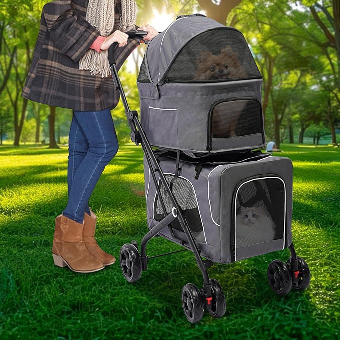 2 Tiers Pet Stroller,4 Wheel Dog Stroller Cat Strollers,3.07lbs Pet Gear Foldable Jogger Travel Cart,Grey Cat Carrying Cart with Storage Basket for Small Medium Pet (Grey)-PawvioPets