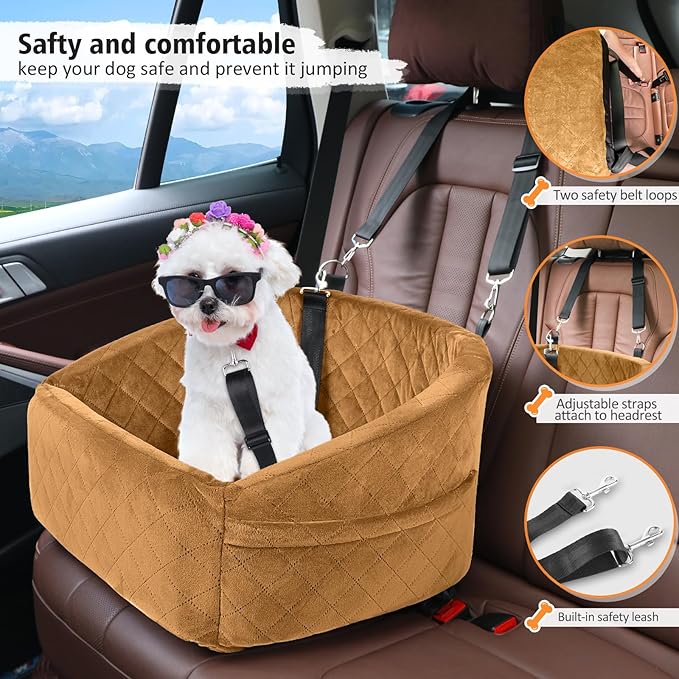 Dog Car Seat for Small Medium Dogs,Detachable Washable Dog Booster Seat Under 30lbs,Pet Car Seat Travel Bed with Storage Pockets and Dog Safety Belt（Brown-PawvioPets