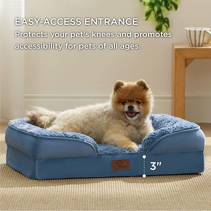 Bedsure Orthopedic Dog Beds for Small Dogs - Washable Small Dog Cat Bed Waterproof, Comfort Pet Couch Sofa with Washable Removable Cover, Pets Bed with Nonskid Bottom, Plush-Blue, 24"-PawvioPets