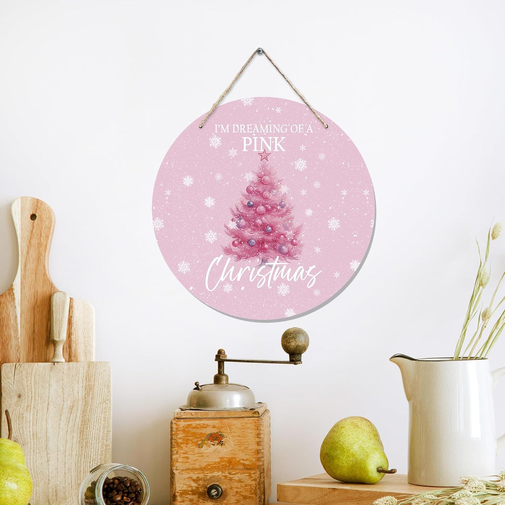 CGBHW Pink Christmas Tree Wooden Sign, Winter Holiday Theme Hanging Sign Wall Decor for Girls Room Home College, Aesthetic Christmas Xmas Snowflake Door Decor 12 x 6 Inch