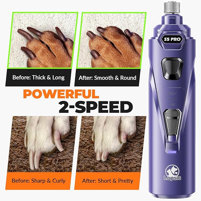 Dog Nail Grinder with 2 LED Lights Powerful 2 Speeds Super Quiet Dog Nail Trimmers with 3 Grinding Wheels Rechargeable Pet Dog Nail Clippers for Large Medium Puppy Dogs Dog Nail File Cat Nail Clipper-PawvioPets