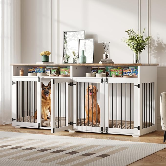 72'' Dog Crate Furniture for 2 Dogs, Wooden Dog Cage with Storage Compartment, Indoor Dog Kennel with 4 Doors for Large/Medium Dogs, White-PawvioPets