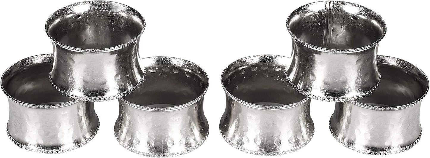 Everyday Metal Napkin Rings for Wedding Receptions, Dinners Parties, Family Gatherings, Everyday Use - Hand Made by Skilled artisans, Hammered Silver, Set of 6