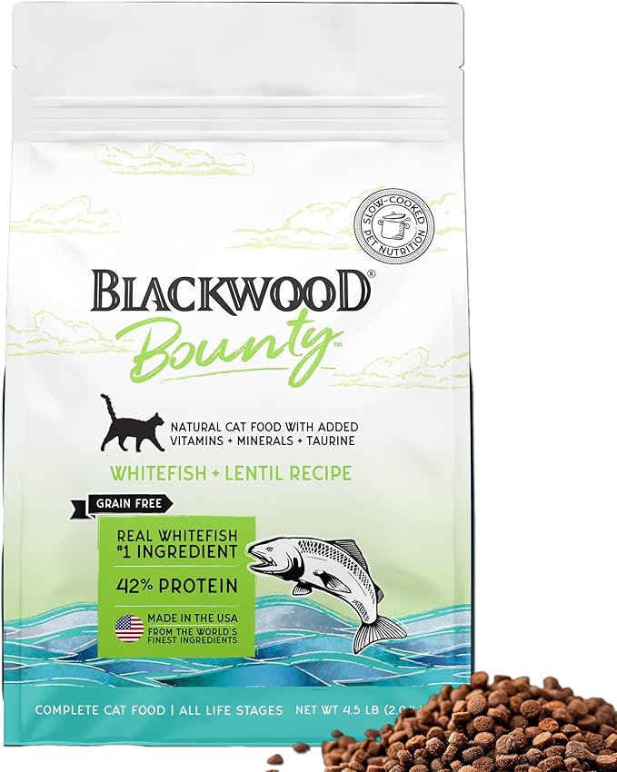 Blackwood Bounty Dry Cat Food, Whitefish & Lentil Recipe for All Life Stages, 4.5 Pound Bag, High Protein, Grain Free-PawvioPets