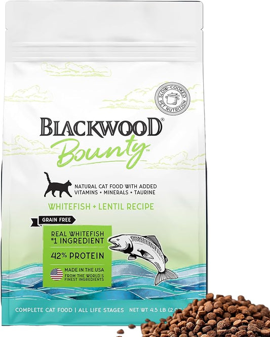 Blackwood Bounty Dry Cat Food, Whitefish & Lentil Recipe for All Life Stages, 4.5 Pound Bag, High Protein, Grain Free-PawvioPets