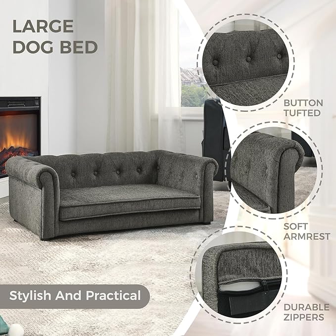 Dog Sofa Couch for Medium Dogs, 31" Memory Foam Dog Couch with Washable Fabric, Removable Cushion, Sofa Bed for Medium Dogs, Grey-PawvioPets