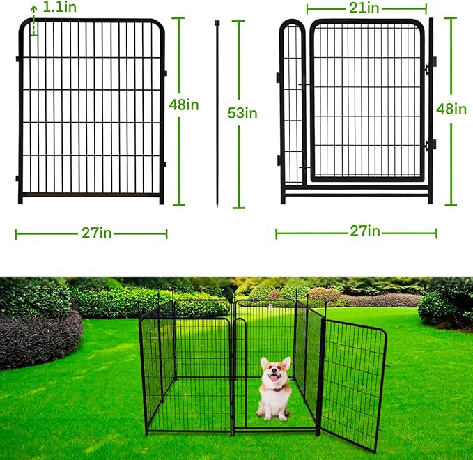 Garden Fencing 48in High, 8 Panels Total 17.7 Ft(L) Dog Fence Outdoor for Yard, Gate 21 in Wide with Low Sills. Lattice Panels for Outside, Dog Digging Fence Barrier, Garden Fences and Borders-PawvioPets