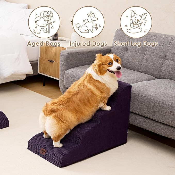 EHEYCIGA Curved Dog Stairs Ramp for High Beds 19.7" H, 4-Step Dog Steps for Small Dogs and Cats, Pet Stairs for High Bed Climbing, Non-Slip Balanced Pet Step Indoor, Purple-PawvioPets