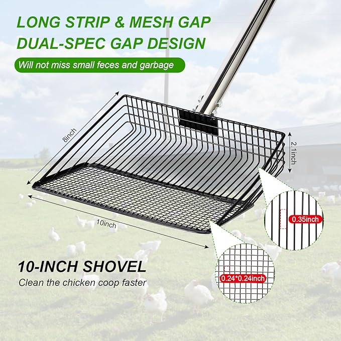 10inch Large Metal Chicken Poop Scooper, 36" to 75" Long Chicken Coop Litter Scoop with Stainless Steel Adjustable Handle, 4 in 1 Detachable Litter Sifting Shovel Scoop for Chicken Coop Accessories-PawvioPets