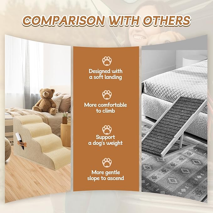 Dog Stairs, Romrol Dog Steps Ramp for High Bed and Couch, Dogs Ramp with Durable Non-Slip Waterproof Fabric Cover, Pet Stairs for Small Dogs and Cats or Pets Joints, 4-TiersBeige-PawvioPets