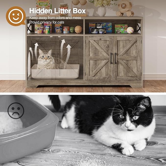 Cat Litter Box Enclosure for 2 Cats, 47" Hidden Litter Box Furniture Cat Washroom with Double Large Room, Farmhouse Indoor Litter Box Cabinet TV Stand, Grey-PawvioPets