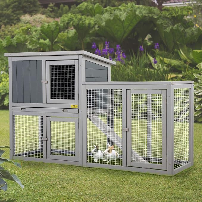Assembled Wooden Indoor & Outdoor Rabbit Hutch, 2 Story Small Animal House Habitat, Durable Pet Bunny House Cage with Cleaning Tray, for Bunny Chick Duck Hamster (Grey)-PawvioPets