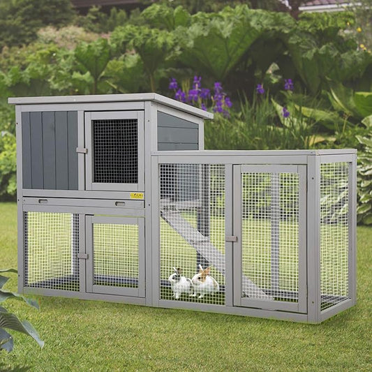 Assembled Wooden Indoor & Outdoor Rabbit Hutch, 2 Story Small Animal House Habitat, Durable Pet Bunny House Cage with Cleaning Tray, for Bunny Chick Duck Hamster (Grey)-PawvioPets