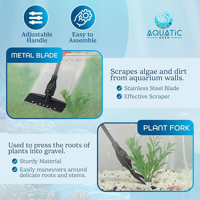 Aquarium Cleaning Tools 7 in 1 - Fish Tank Cleaning Kit with Algae Scraper, Scrubber Pad, Adjustable Telescopic Long Handle, Fish Net, Gravel Rake, Fork & Brush - Saltwater & Freshwater Tank-PawvioPets