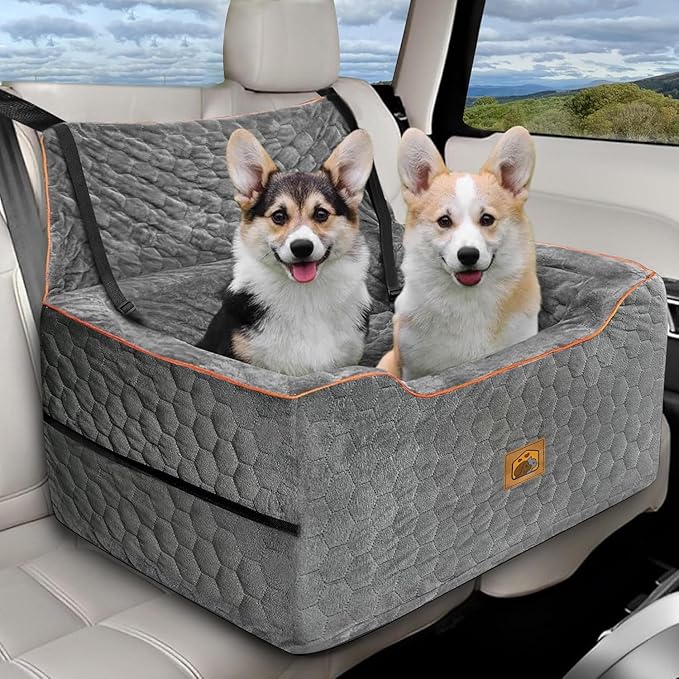 Dog Car Seat for Medium/Large Dog Booster Seat Under 60 lbs or 2 Small Dogs, Multi-Functional Pet Car Seat with Thick Cushion, 2 Safety Leashes (Gray)-PawvioPets